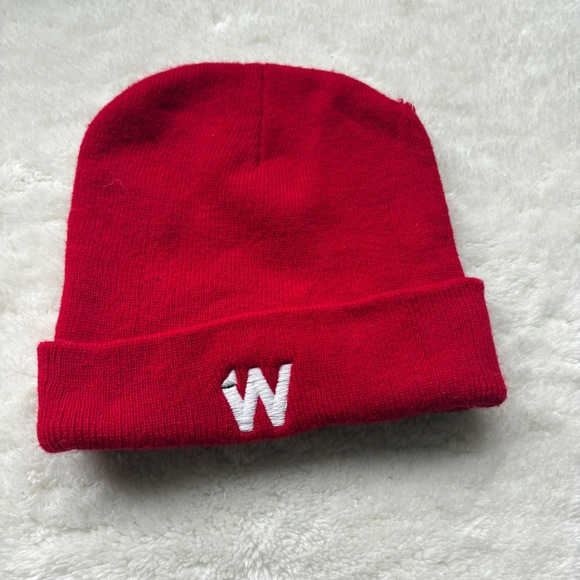 Accessories - Red Beanie Hat with White W Logo Embroidered Cuffed Knit Winter Warm